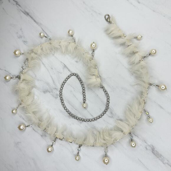 Beaded Faux Fur Woven Silver Tone Chain Link Belt One Size OS Boho ✨ - Picture 1 of 14